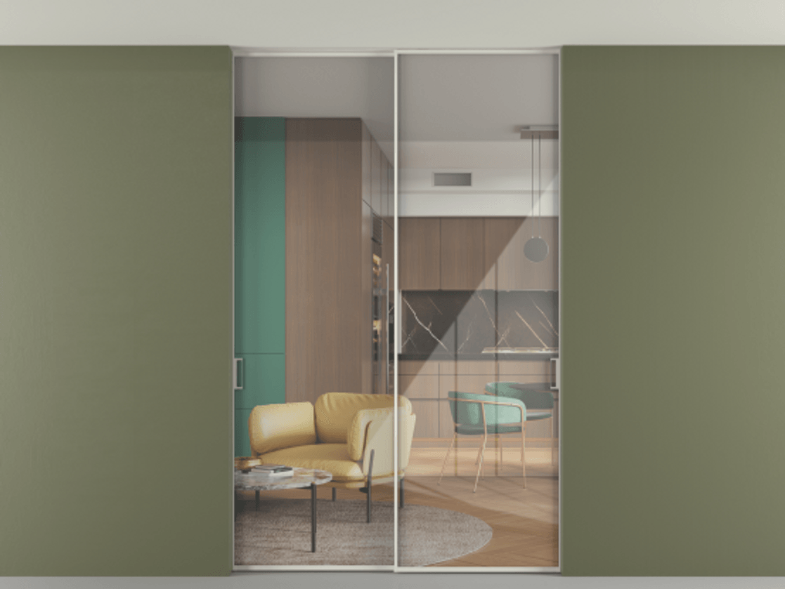 Перегородка Формато внутри проёма скрытое крепление в потолок 2 створки АЛПР 040.01 Алюминий Белый Рефлективное прозрачное стекло "Стопсол", калёное Цена 15300 Br | Volhovec