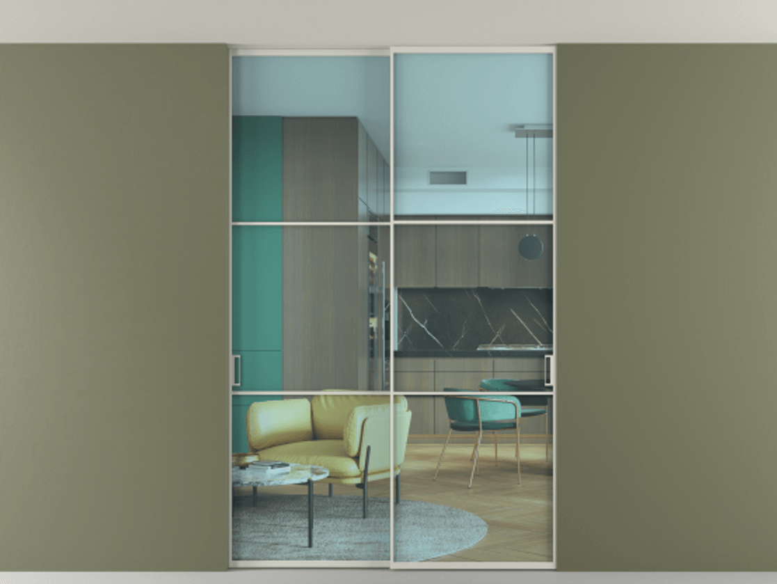 Перегородка Формато внутри проёма скрытое крепление в потолок 2 створки АЛПР 040.03 Алюминий тёплый серый Прозрачное голубое стекло, триплекс Цена 13300 Br | Volhovec