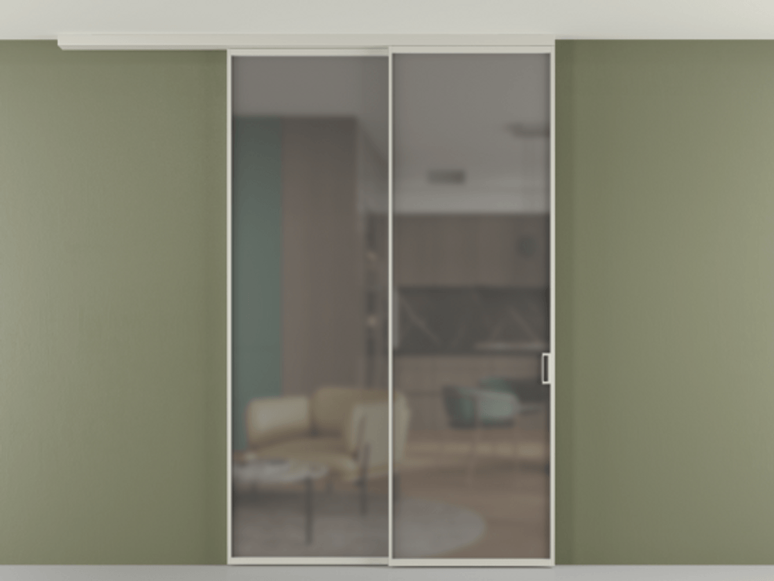 Перегородка Формато вдоль стены на потолок 2 створки с синхронным механизмом АЛПР 040.01 Алюминий тёплый серый Сатинированное серое стекло, триплекс Цена 15990 Br | Volhovec