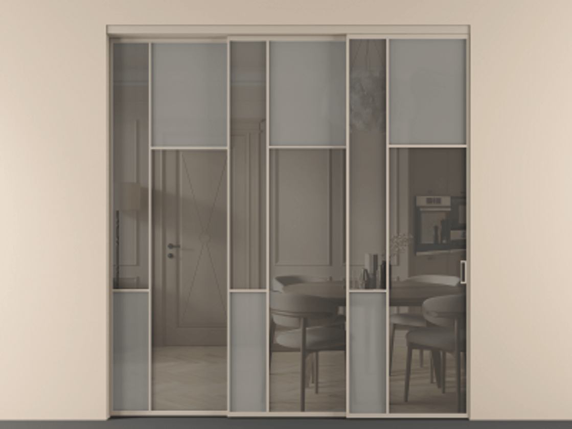 Перегородка Мозаик внутри проёма 3 створки с синхронным механизмом АЛПР 041.11 Алюминий бисквитный Сатинированное серое стекло, триплекс, 6 мм + Прозрачное серое стекло, триплекс Цена 23390 Br | Volhovec