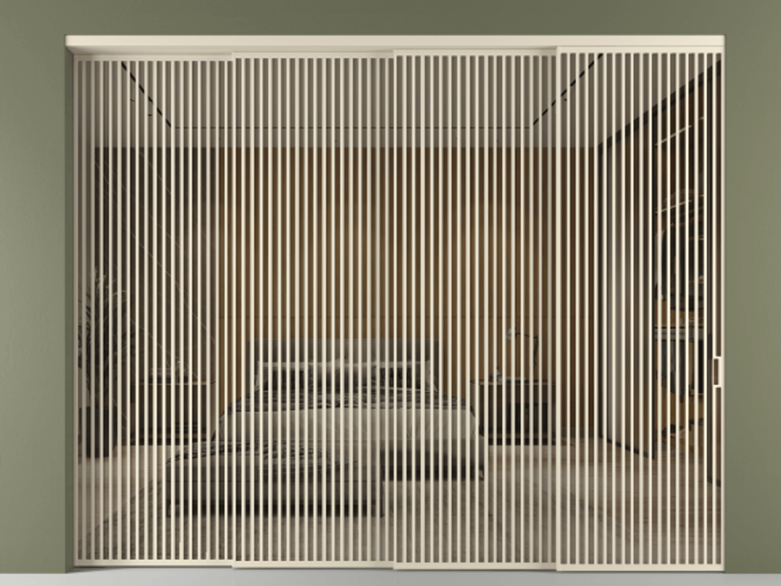 Перегородка Формато внутри проёма 4 створки с синхронным механизмом АЛПР 040.06 Алюминий бежево-серый Рефлективное бронзовое стекло "Стопсол", калёное Цена 42930 Br | Volhovec