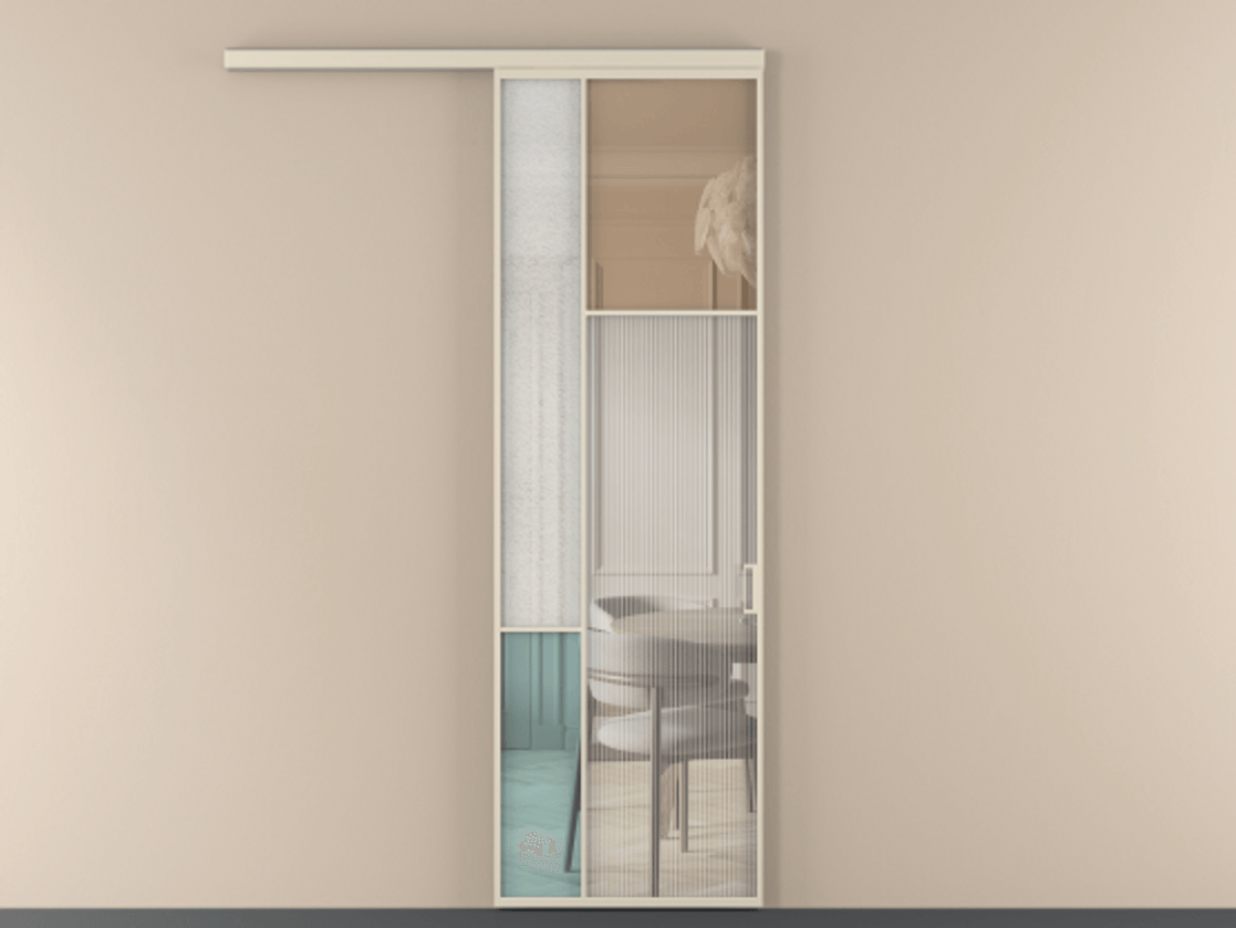 Перегородка Mosaic вдоль стены одностворчатая АЛПР 041.11  Алюминий бежево-серый Комбинация стекол Группы 1 и Группы 3 Цена 7600 Br | Volhovec