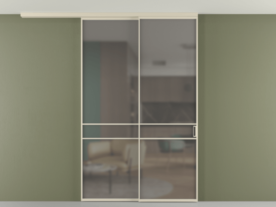 Перегородка Формато вдоль стены на потолок 2 створки с синхронным механизмом АЛПР 040.02 Алюминий бежево-серый Сатинированное серое стекло, триплекс Цена 16630 Br | Volhovec