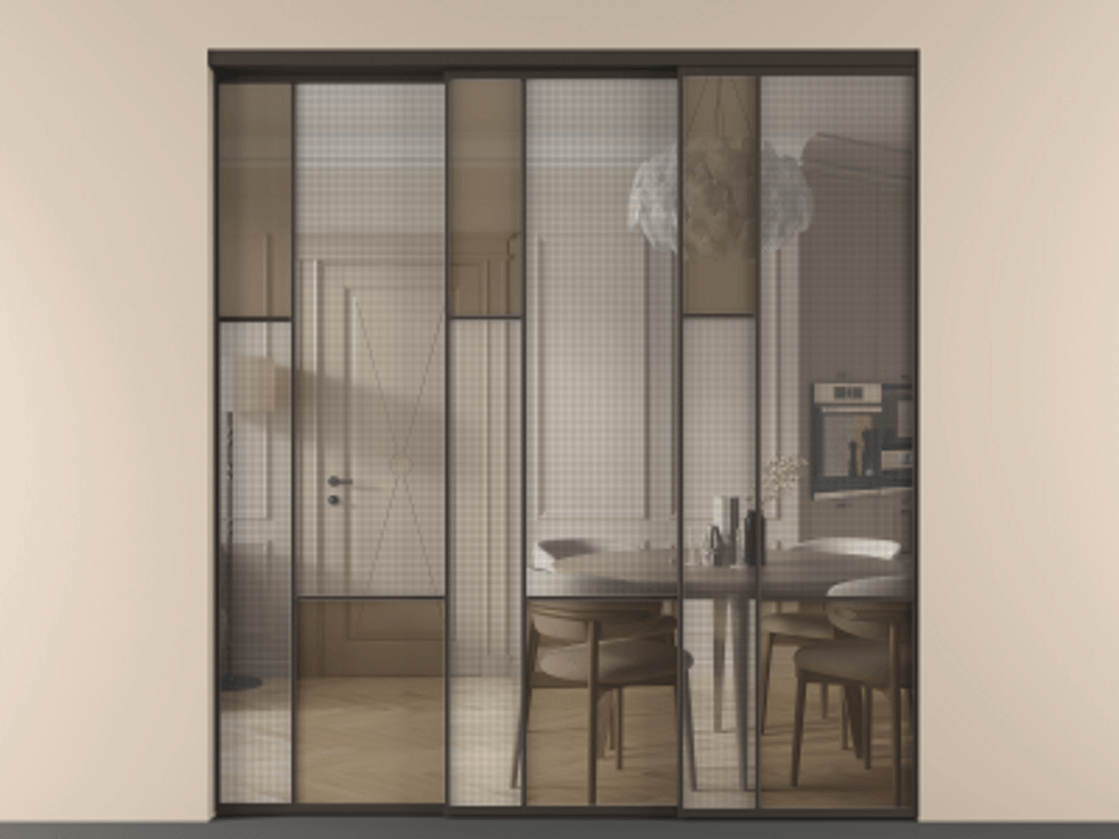 Перегородка Mosaic внутри проема телескопик синхро-3 АЛПР 041.13 Алюминий антрацит Mesh silver + Бронза прозрачное триплекс Цена 21920 Br | Volhovec