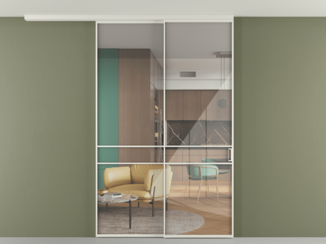 Перегородка Формато вдоль стены на потолок 2 створки с синхронным механизмом АЛПР 040.02 Алюминий Белый Рефлективное прозрачное стекло "Стопсол", калёное Цена 16690 Br | Volhovec