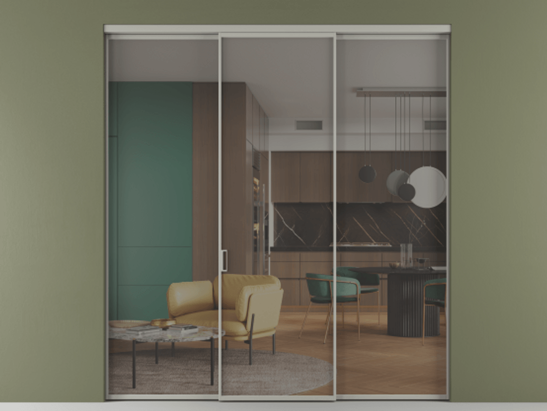 Перегородка Formato внутри проёма 3 створки АЛПР 040.01 Алюминий нейтральный серый Прозрачное серое стекло, триплекс Цена 12600 Br | Volhovec