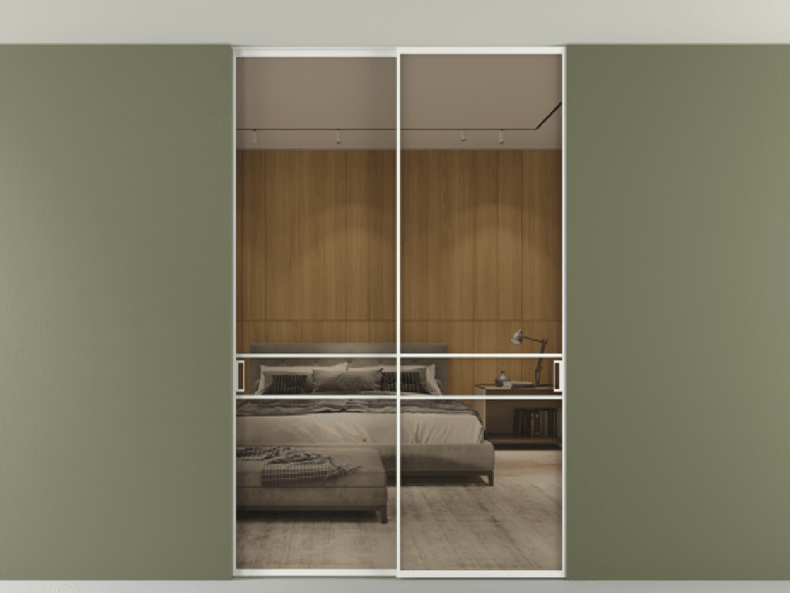 Перегородка Formato внутри проёма скрытое крепление в потолок 2 створки АЛПР 040.02 Алюминий светло-серый Рефлективное бронзовое стекло "Stopsol", калёное Цена 16340 Br | Volhovec