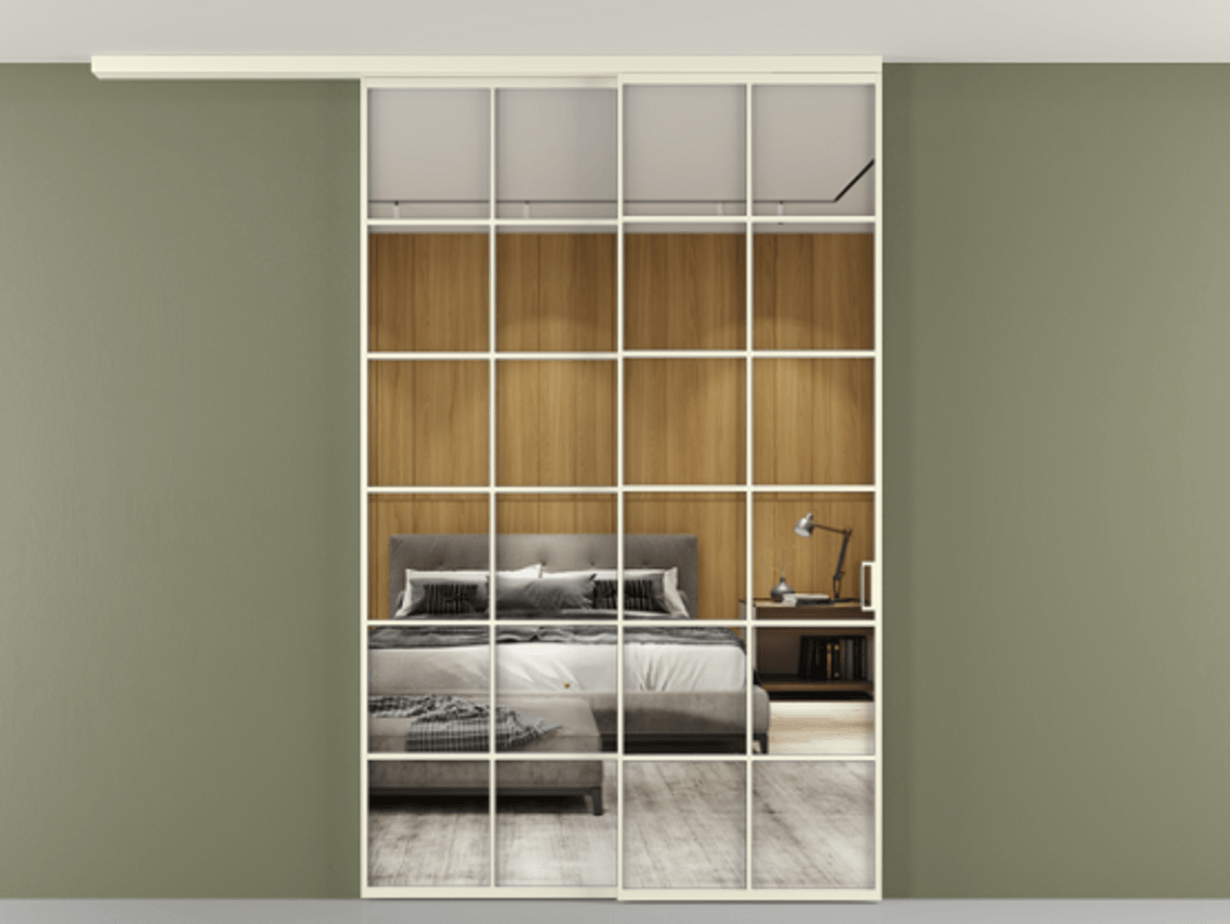 Перегородка Формато вдоль стены на потолок 2 створки с синхронным механизмом АЛПР 040.05 Алюминий молочно-белый Двустороннее зеркало, триплекс , триплекс 6 мм Цена 15110 Br | Volhovec