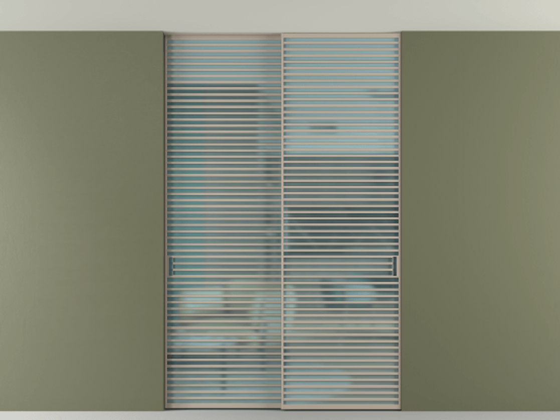 Перегородка Формато внутри проёма скрытое крепление в потолок 2 створки АЛПР 040.07 Алюминий бисквитный Сатинированное голубое стекло, триплекс Цена 21900 Br | Volhovec