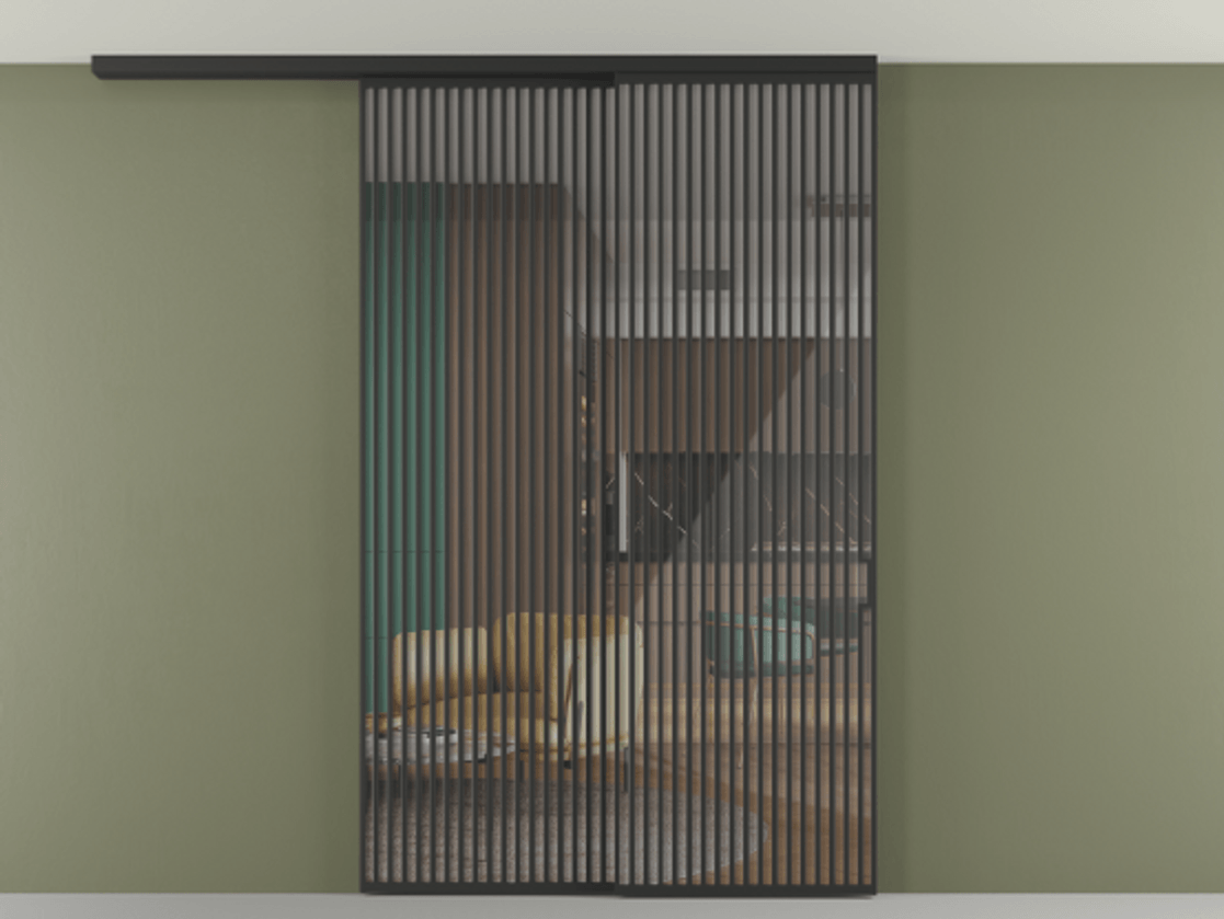 Перегородка Формато вдоль стены на потолок 2 створки с синхронным механизмом АЛПР 040.06 Алюминий Черный Рефлективное прозрачное стекло "Стопсол", калёное Цена 27660 Br | Volhovec