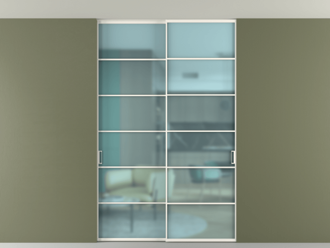 Перегородка Формато внутри проёма скрытое крепление в потолок 2 створки АЛПР 040.04 Алюминий пудровый белый Сатинированное голубое стекло, триплекс Цена 14000 Br | Volhovec