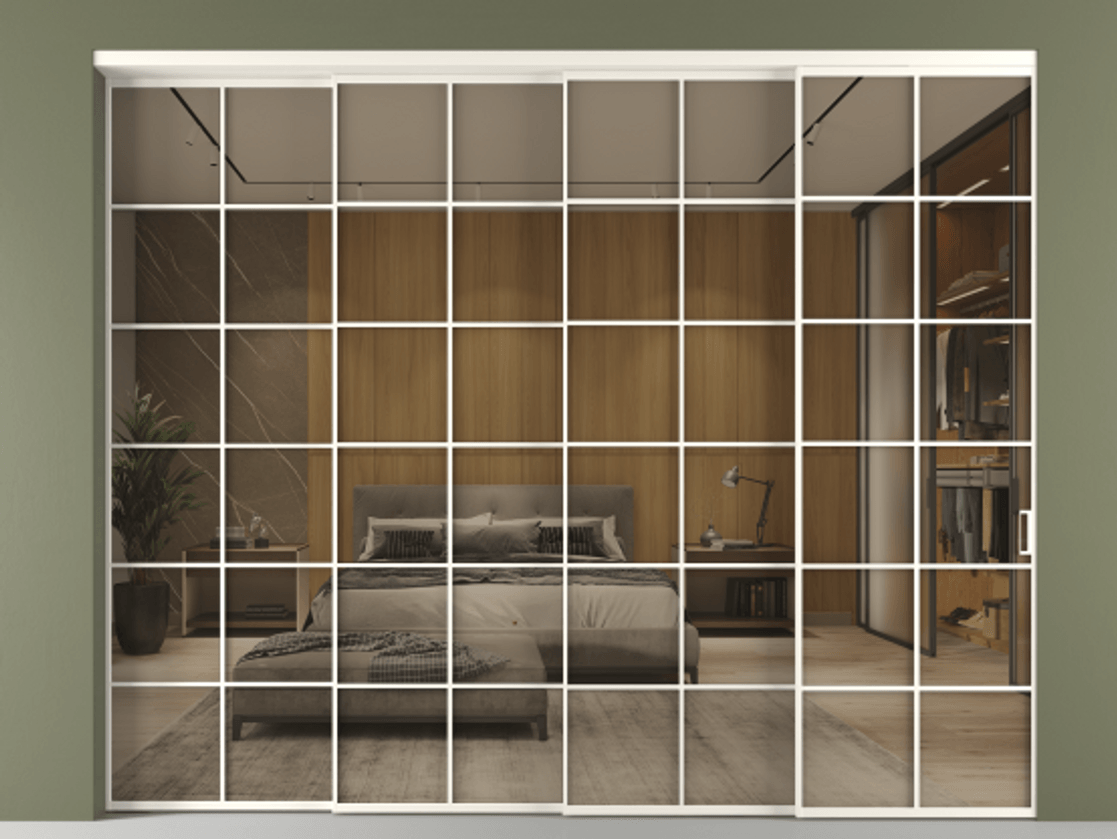 Перегородка Формато внутри проёма 4 створки с синхронным механизмом АЛПР 040.05 Алюминий пудровый белый Рефлективное бронзовое стекло "Стопсол", калёное. Цена 27500 Br 1. Полотно 4 шт. (800/2100 мм)
2. Комплект установки раздвижной системы
3. Базовый комплект фурнитуры
4. Комплект фурнитуры телескопик синхро-3
5. Ручка Рондо. Фабрика дверей Волховец 8 (800) 551 43 19 Перегородка Формато внутри проёма 4 створки с синхронным механизмом АЛПР 040.05 Алюминий пудровый белый Рефлективное бронзовое стекло "Стопсол", калёное Цена 27500 Br | Volhovec