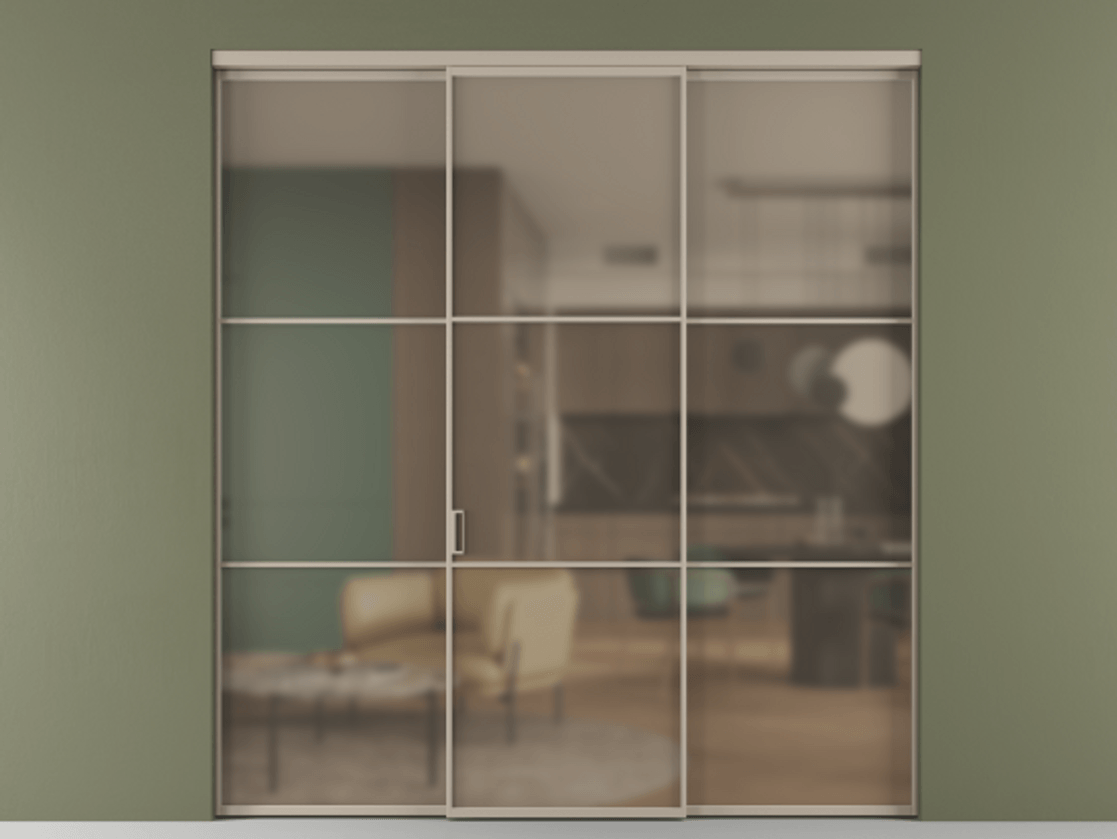 Перегородка Formato внутри проёма 3 створки АЛПР 040.03 Алюминий бисквитный Сатинированное бронзовое стекло, триплекс Цена 13290 Br | Volhovec