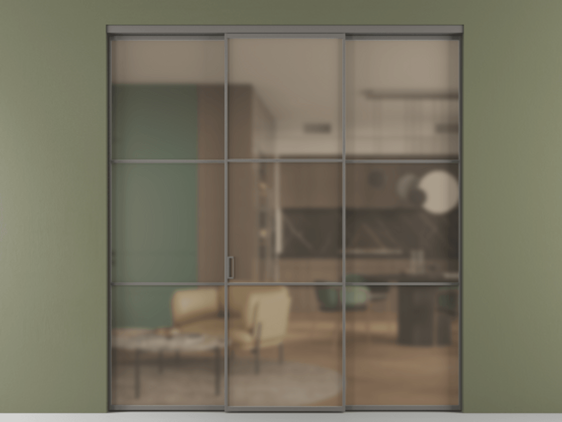 Перегородка Formato внутри проёма 3 створки АЛПР 040.03 Алюминий классический серый Сатинированное бронзовое стекло, триплекс Цена 13290 Br | Volhovec