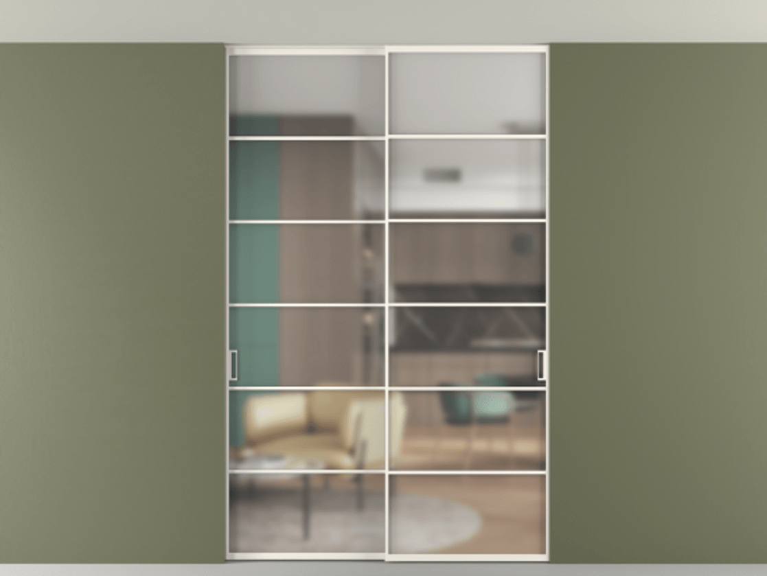 Перегородка Formato внутри проёма скрытое крепление в потолок 2 створки АЛПР 040.04 Алюминий пудровый белый Сатинированное стекло "Matelux Crystal Vision", калёное, матовое, каленое 6 мм Цена 17250 Br | Volhovec