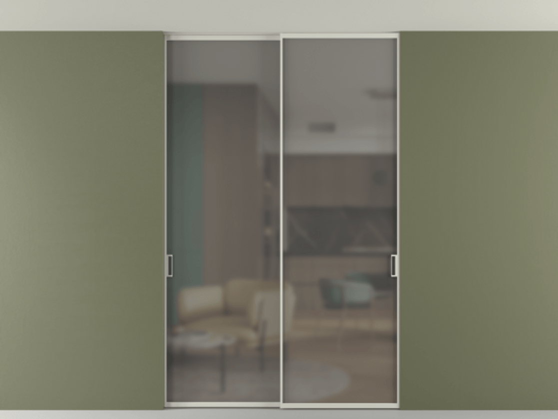 Перегородка Formato внутри проёма скрытое крепление в потолок 2 створки АЛПР 040.01 Алюминий тёплый серый Сатинированное серое стекло, триплекс Цена 13200 Br | Volhovec