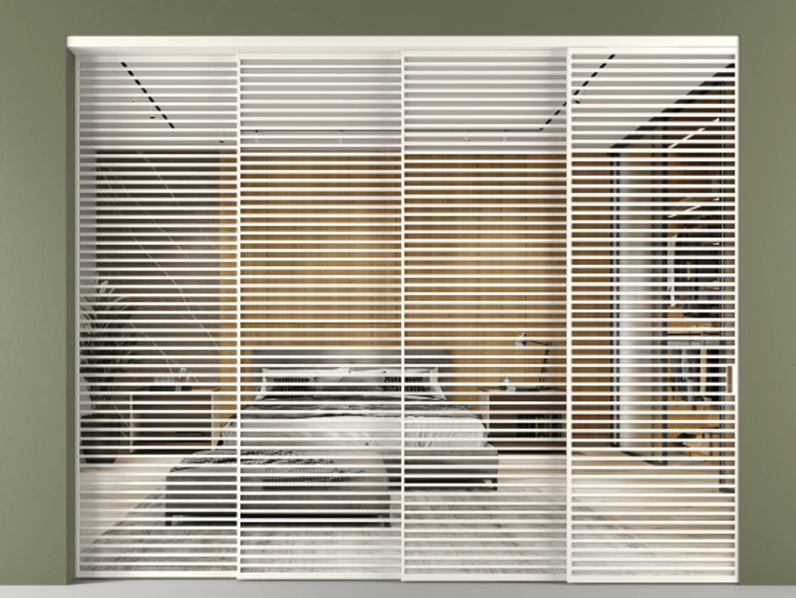 Перегородка Формато внутри проёма 4 створки с синхронным механизмом АЛПР 040.07 Алюминий пудровый белый Двустороннее зеркало, триплекс , триплекс 6 мм Цена 37020 Br | Volhovec