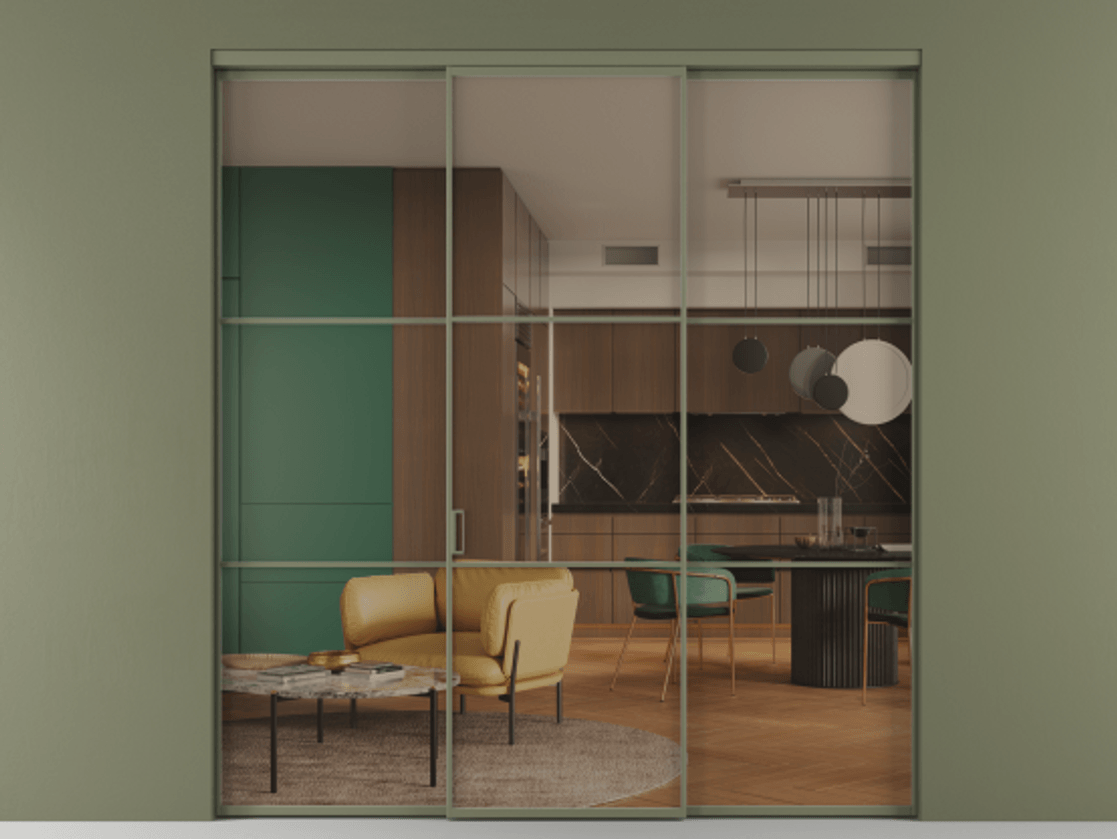 Перегородка Formato внутри проёма 3 створки АЛПР 040.03 Алюминий оливковый тёмный Прозрачное бронзовое стекло, триплекс Цена 13290 Br | Volhovec