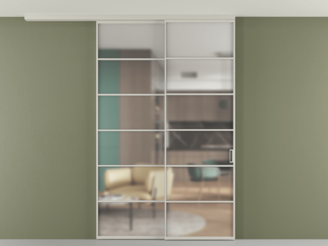 Перегородка Формато вдоль стены на потолок 2 створки с синхронным механизмом АЛПР 040.04 Алюминий тёплый серый Сатинированное стекло "Мателюкс Кристал Вижн", калёное, матовое, каленое 6 мм Цена 18400 Br | Volhovec