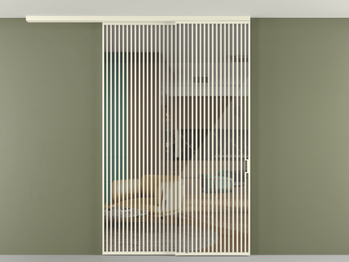 Перегородка Formato вдоль стены на потолок 2 створки с синхронным механизмом АЛПР 040.06 Алюминий молочно-белый Рефлективное прозрачное стекло "Stopsol", калёное Цена 29010 Br | Volhovec