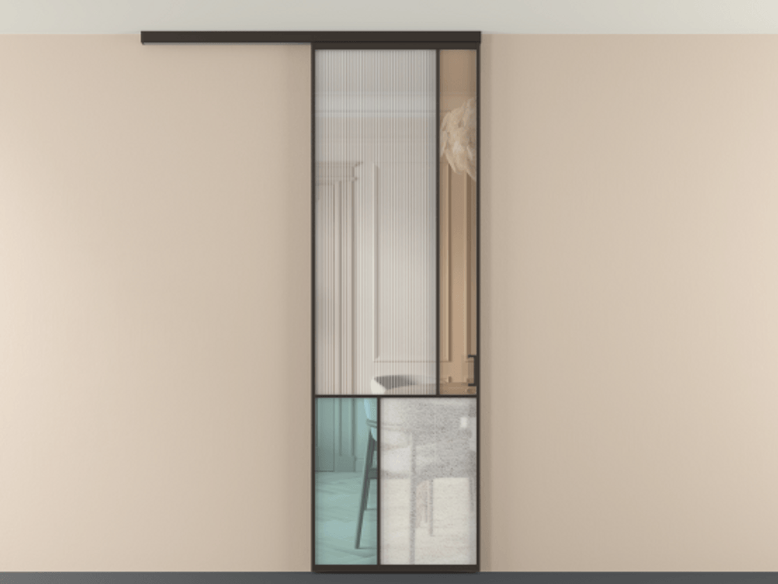 Перегородка Мозаик вдоль стены на потолок 1 створка АЛПР 041.21 Алюминий антрацит Комбинация стекол Группы 1 и Группы 3 Цена 7500 Br | Volhovec