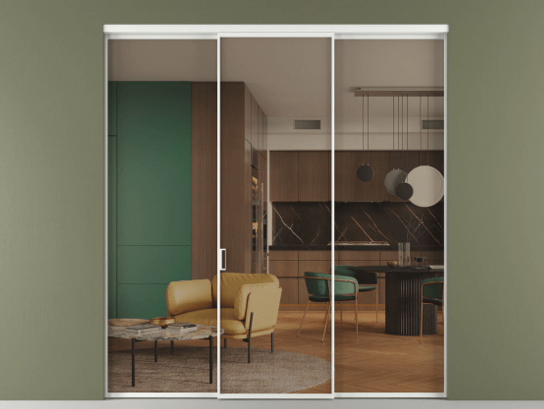 Перегородка Formato внутри проёма 3 створки АЛПР 040.01 Алюминий белоснежный Прозрачное бронзовое стекло, триплекс Цена 12600 Br | Volhovec