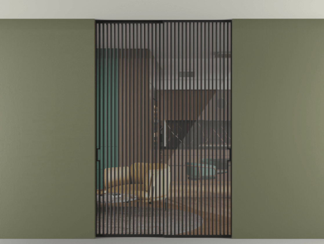 Перегородка Формато внутри проёма скрытое крепление в потолок 2 створки АЛПР 040.06 Алюминий Черный Рефлективное прозрачное стекло "Стопсол", калёное Цена 26890 Br | Volhovec