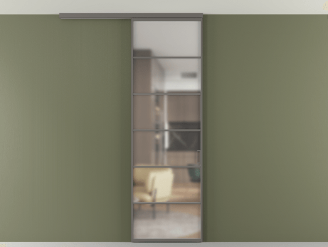 Перегородка Formato вдоль стены на потолок 1 створка АЛПР 040.04 Алюминий классический серый Сатинированное стекло "Matelux Crystal Vision", калёное, матовое, каленое 6 мм Цена 7170 Br | Volhovec