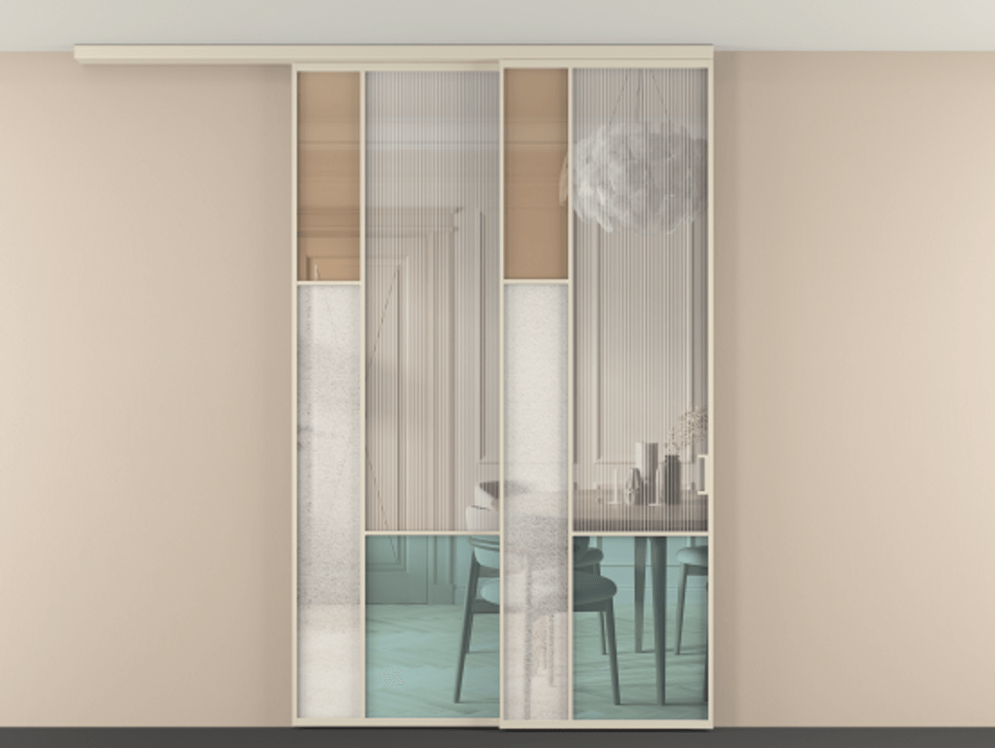 Перегородка Mosaic вдоль стены на потолок телескопик синхро 2 АЛПР 041.13 Алюминий бежево-серый Комбинация стекол Группы 1 и Группы 3 Цена 19100 Br | Volhovec