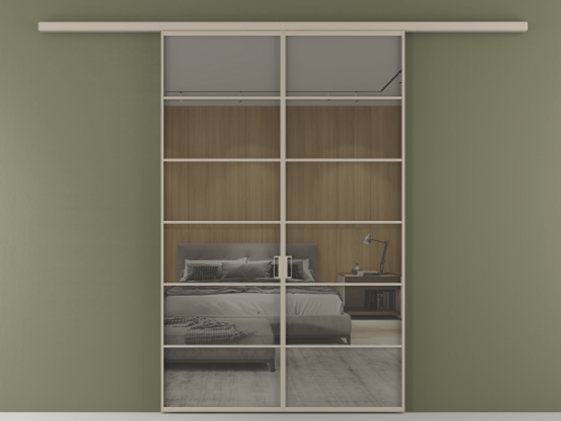 Перегородка Формато вдоль стены 2 створки АЛПР 040.04 Алюминий бисквитный Рефлективное серое стекло "Стопсол", калёное Цена 14150 Br | Volhovec