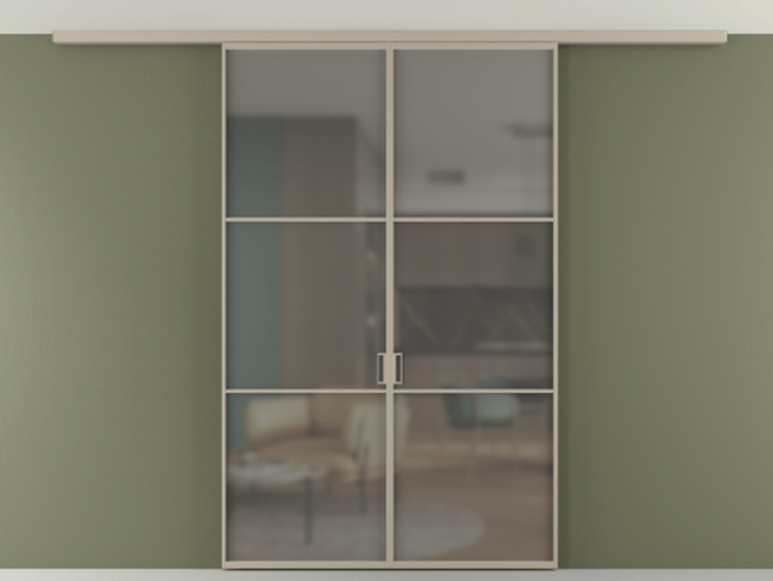 Перегородка Формато вдоль стены на потолок 2 створки АЛПР 040.03 Алюминий бисквитный Сатинированное серое стекло, триплекс Цена 12190 Br | Volhovec