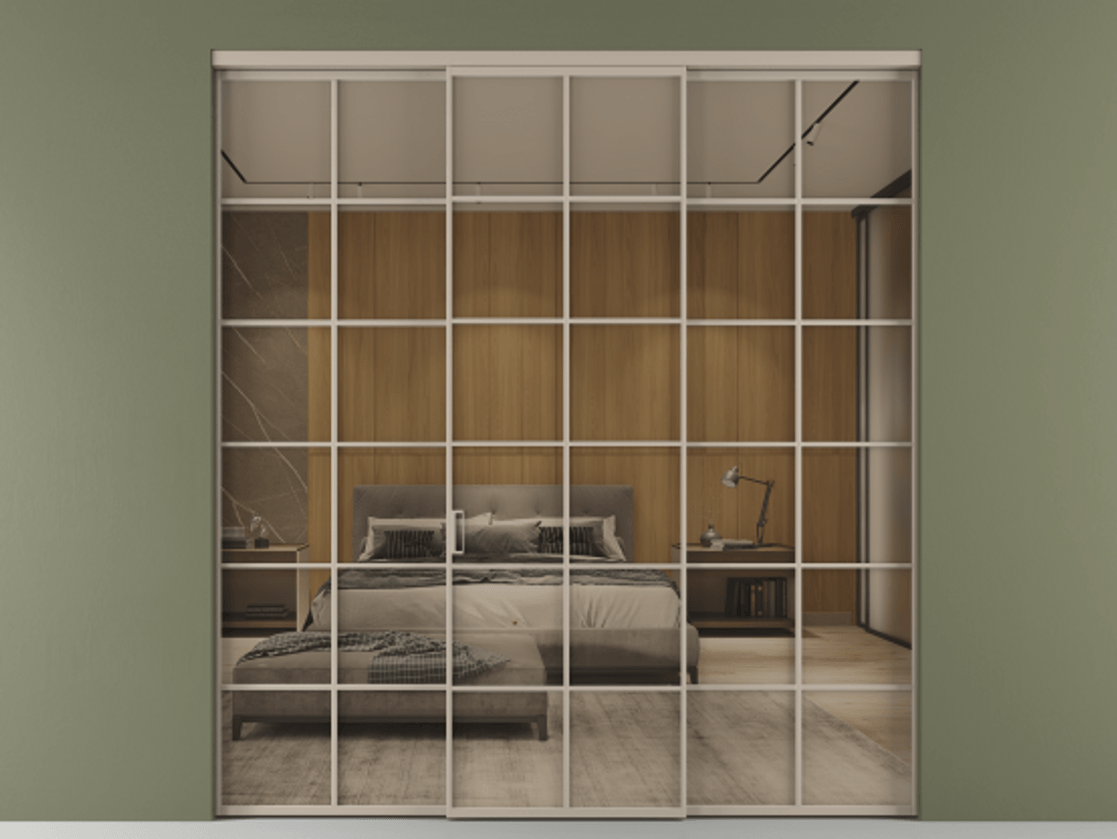 Перегородка Formato внутри проёма 3 створки АЛПР 040.05 Алюминий бисквитный Рефлективное бронзовое стекло "Stopsol", калёное Цена 18230 Br | Volhovec