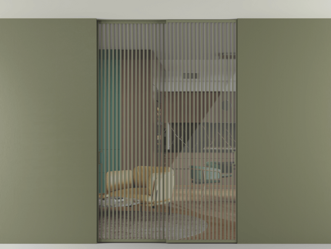 Перегородка Формато внутри проёма скрытое крепление в потолок 2 створки АЛПР 040.06 Алюминий оливковый тёмный Рефлективное прозрачное стекло "Стопсол", калёное Цена 27860 Br | Volhovec