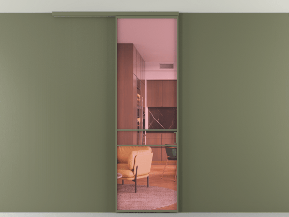 Перегородка Formato вдоль стены на потолок 1 створка АЛПР 040.02 Алюминий оливковый тёмный Прозрачное розовое стекло, триплекс Цена 5400 Br | Volhovec