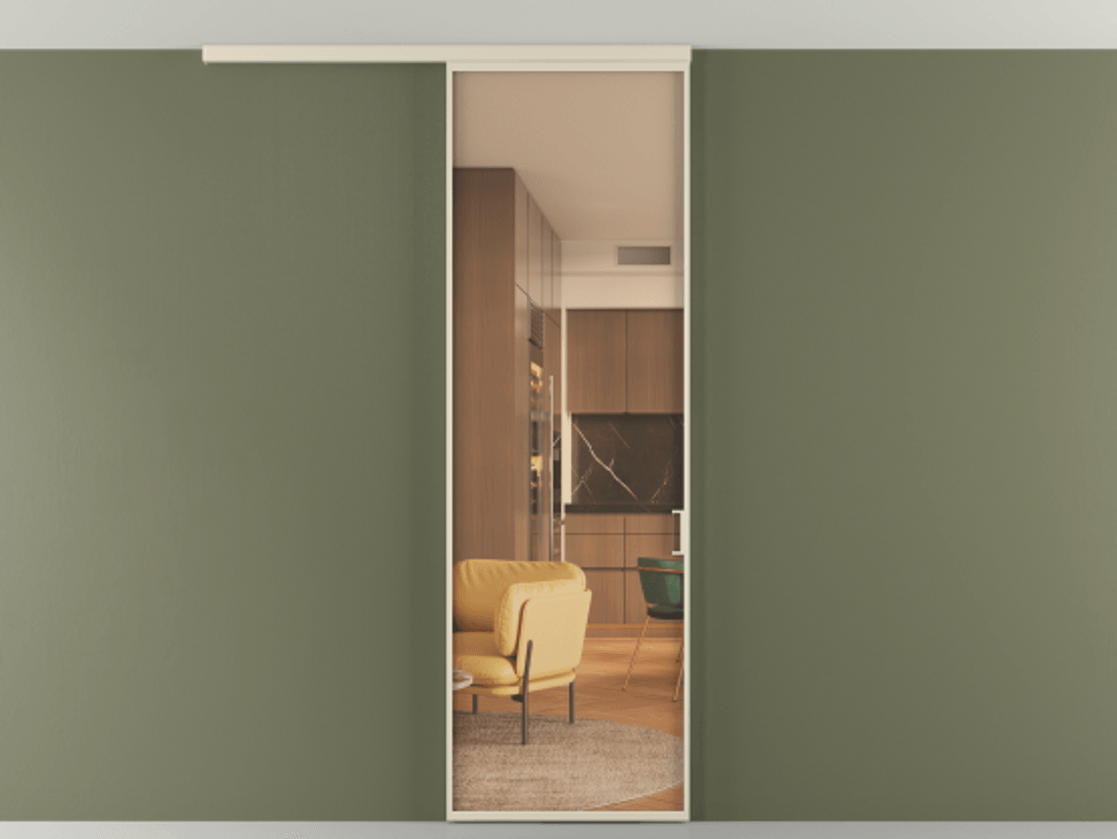 Межкомнатная дверь New Перегородка Formato вдоль стены на потолок одностворчатая АЛПР 040.01 Алюминий бежево-серый Прозрачное оранжевое стекло, триплекс Цена 6000  | Volhovec