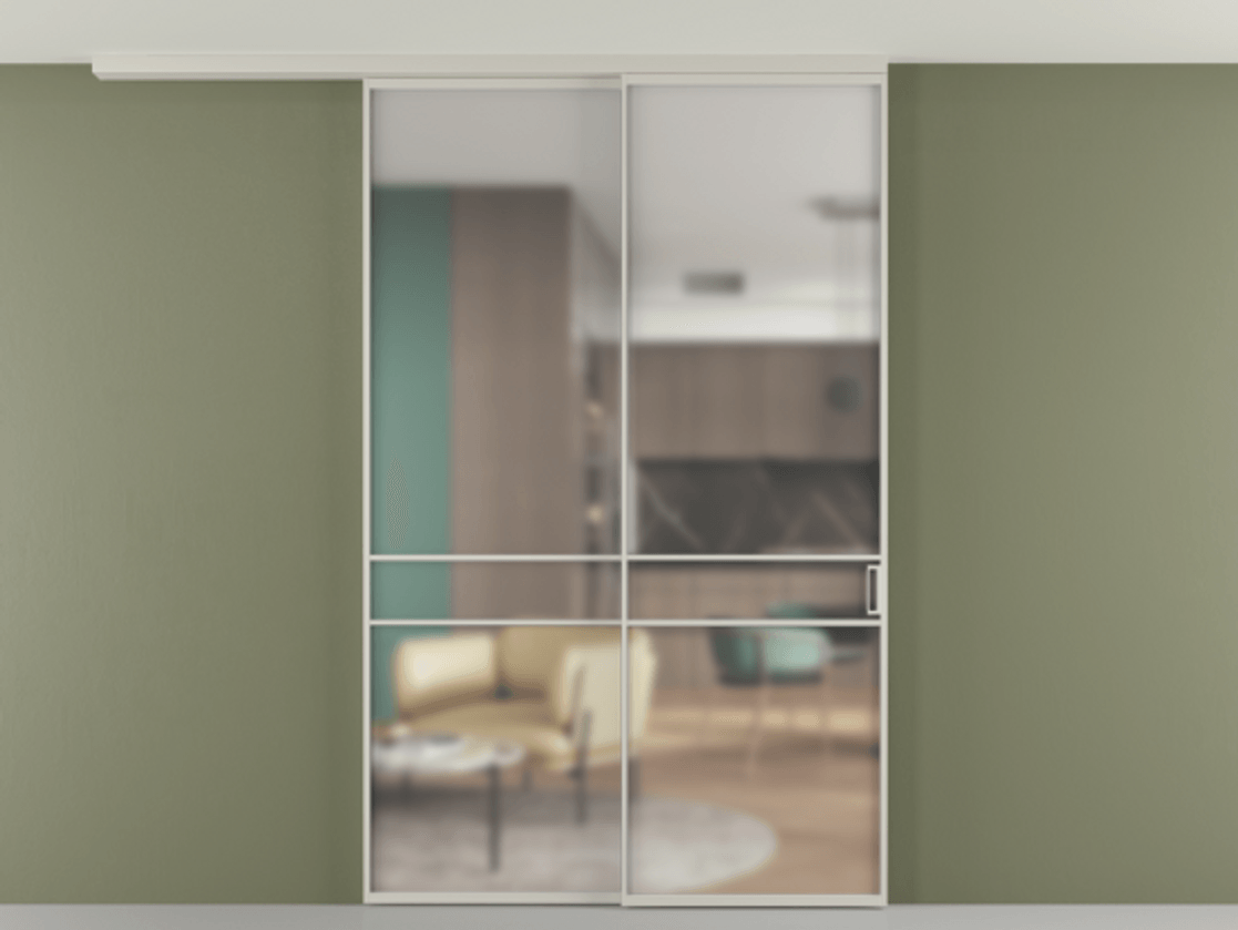 Перегородка Формато вдоль стены на потолок 2 створки с синхронным механизмом АЛПР 040.02 Алюминий тёплый серый Сатинированное стекло "Мателюкс Кристал Вижн", калёное, матовое, каленое 6 мм Цена 17480 Br | Volhovec