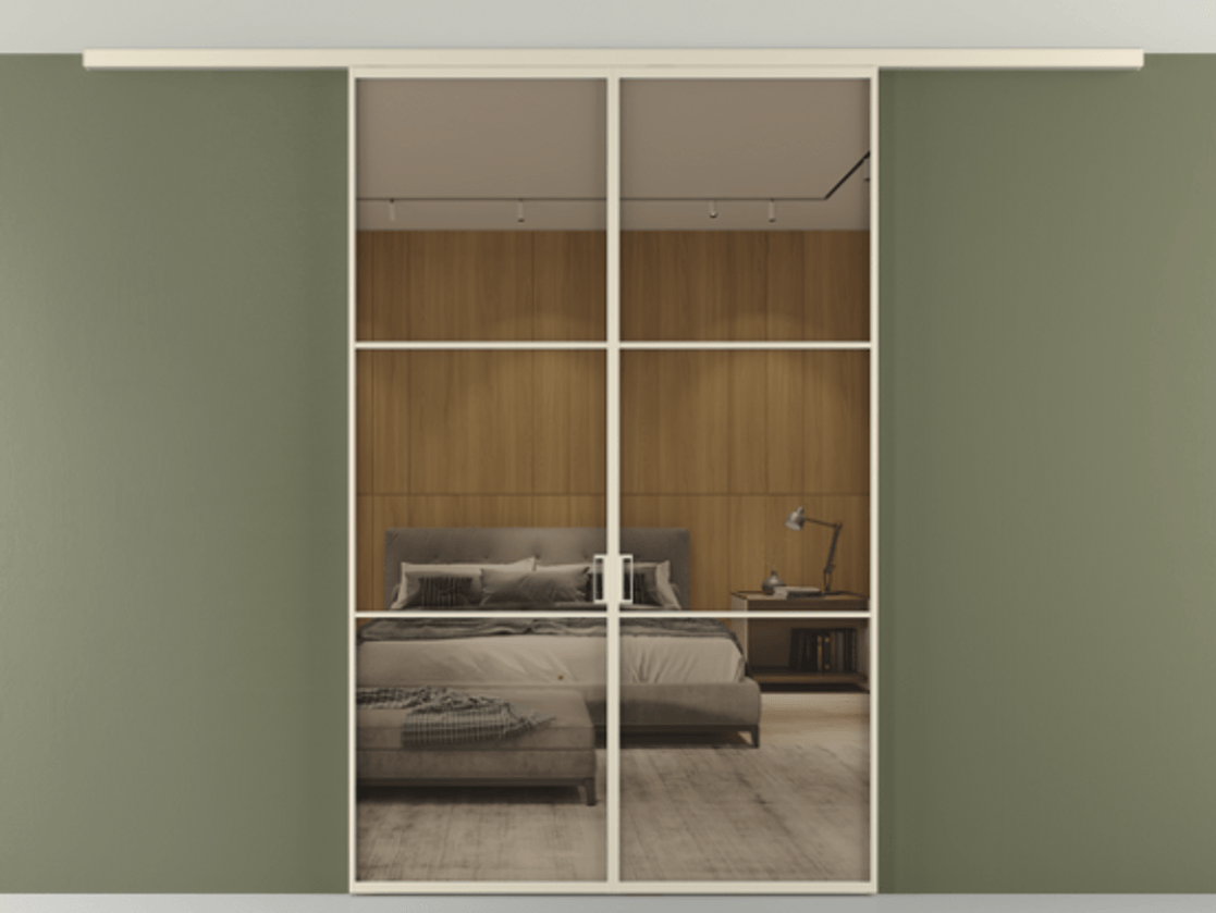 Перегородка Формато вдоль стены на потолок 2 створки АЛПР 040.03 Алюминий бежево-серый Рефлективное бронзовое стекло "Стопсол", калёное Цена 13040 Br | Volhovec