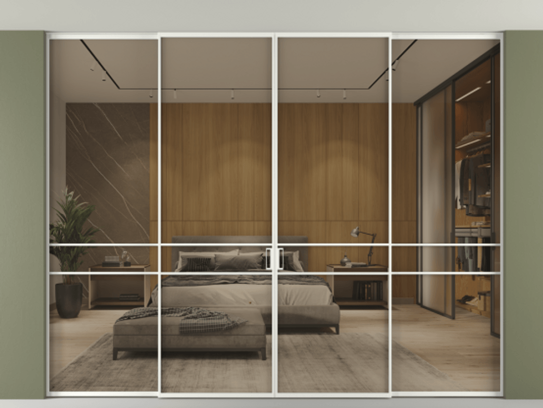 Перегородка Formato внутри проёма скрытое крепление в потолок 4 створки АЛПР 040.02 Алюминий светло-серый Рефлективное бронзовое стекло "Stopsol", калёное Цена 29680 Br | Volhovec