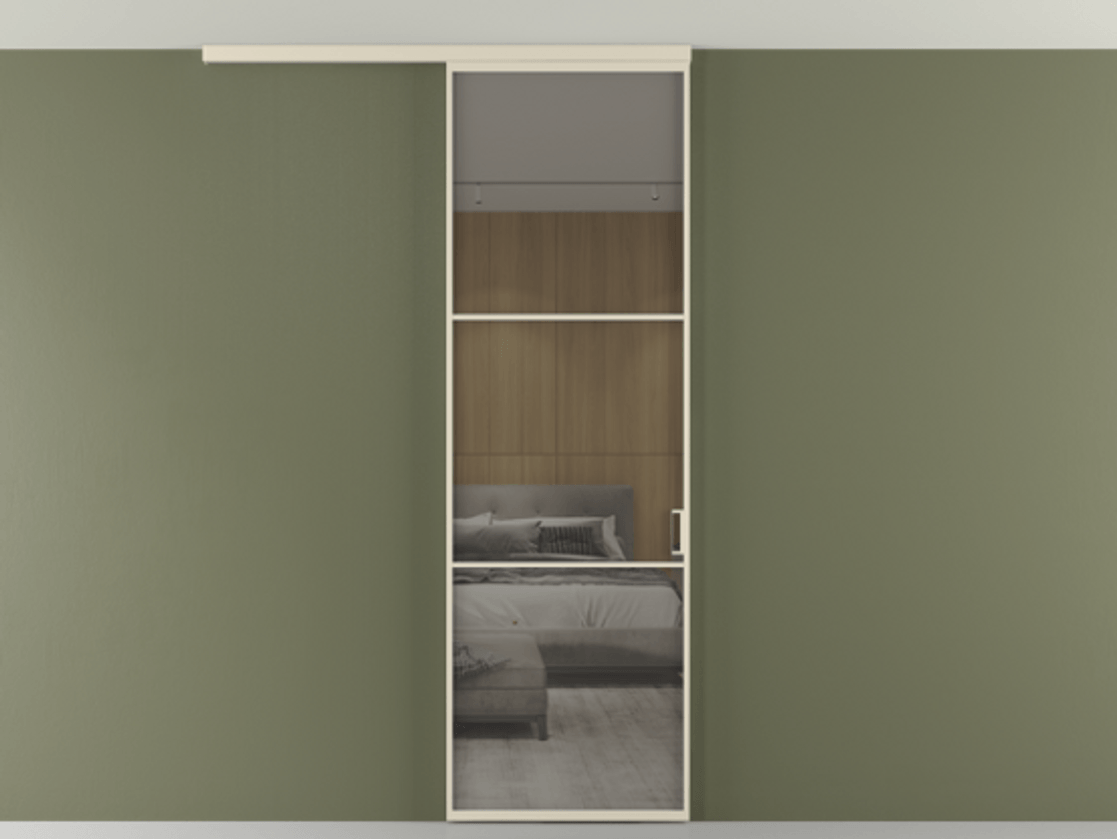 Перегородка Формато вдоль стены на потолок 1 створка АЛПР 040.03 Алюминий бежево-серый Рефлективное серое стекло "Стопсол", калёное Цена 6711 Br | Volhovec