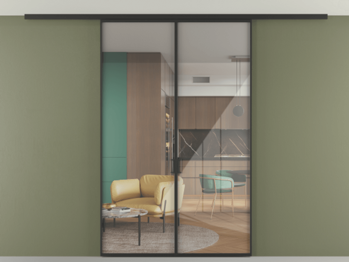 Перегородка Формато вдоль стены на потолок 2 створки АЛПР 040.01 Алюминий Черный Рефлективное прозрачное стекло "Стопсол", калёное Цена 11950 Br | Volhovec