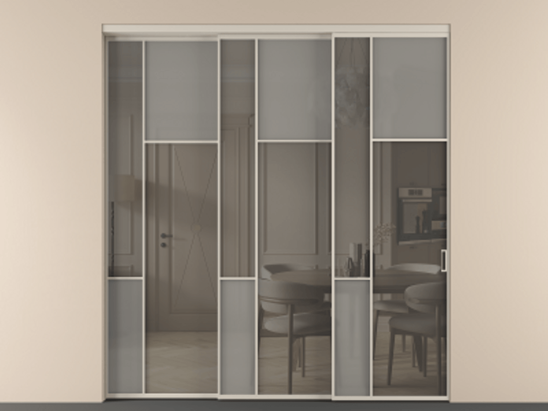 Перегородка Мозаик внутри проёма 3 створки с синхронным механизмом АЛПР 041.11 Алюминий светло-бежевый Сатинированное серое стекло, триплекс, 6 мм + Прозрачное серое стекло, триплекс Цена 23390 Br | Volhovec