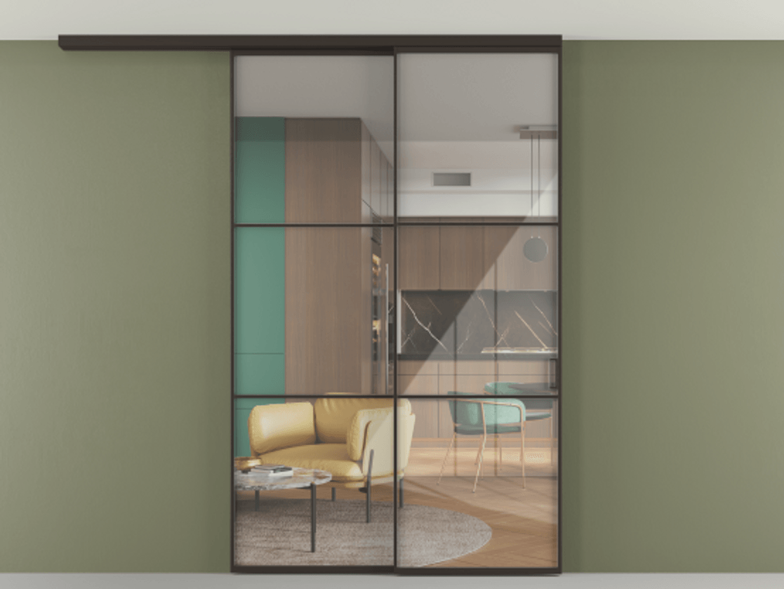 Перегородка Formato вдоль стены на потолок 2 створки с синхронным механизмом АЛПР 040.03 Алюминий антрацит Рефлективное прозрачное стекло "Стопсол", калёное Цена 17480 Br | Volhovec