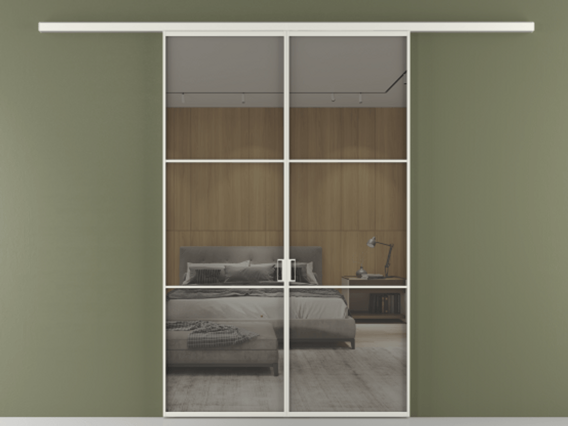 Перегородка Formato вдоль стены 2 створки АЛПР 040.03 Алюминий серый Рефлективное серое стекло "Stopsol", калёное Цена 13310 Br | Volhovec