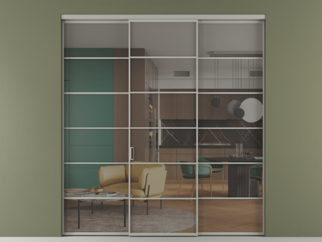 Перегородка Formato внутри проёма 3 створки АЛПР 040.04 Алюминий нейтральный серый Прозрачное серое стекло, триплекс Цена 14290 Br | Volhovec