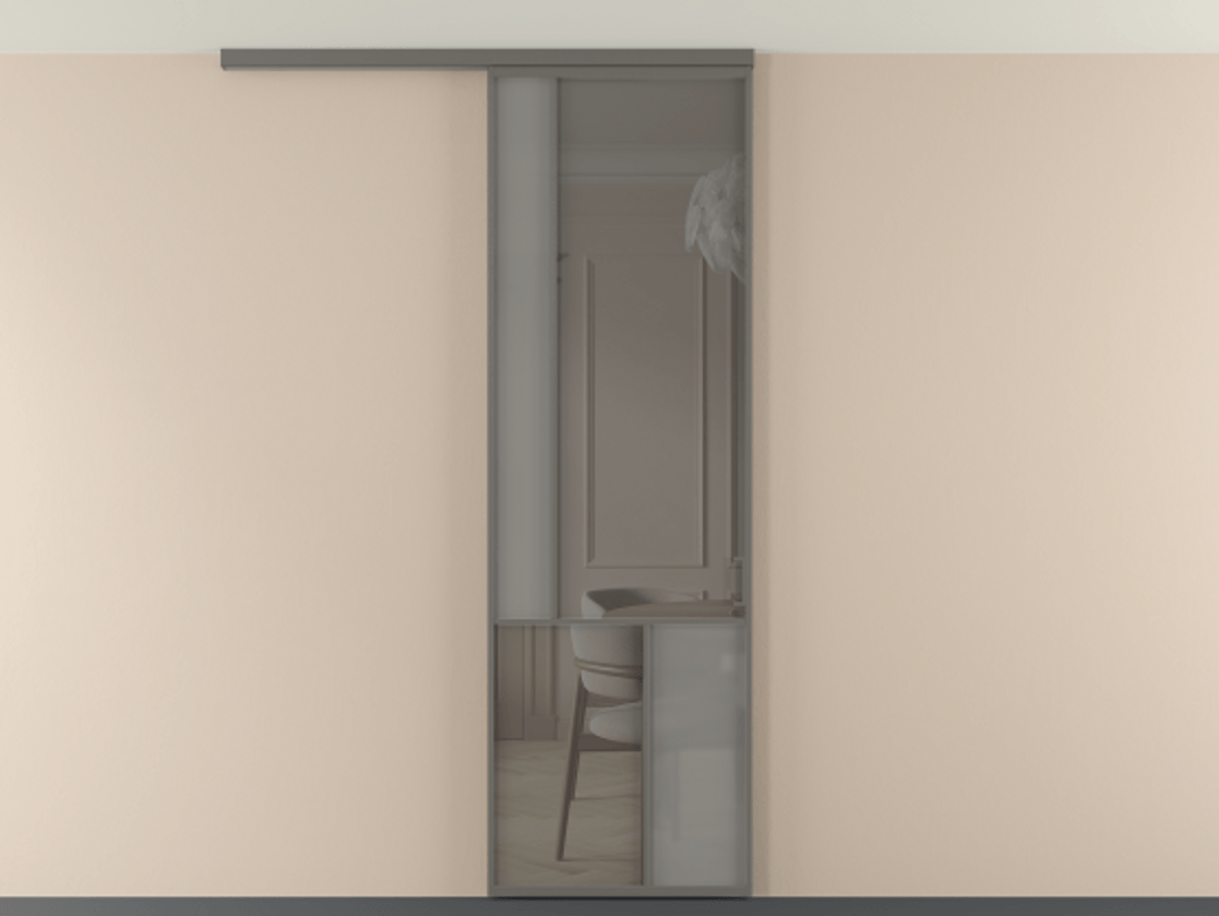 Перегородка Мозаик вдоль стены на потолок 1 створка АЛПР 041.20 Алюминий классический серый Сатинированное серое стекло, триплекс, 6 мм + Прозрачное серое стекло, триплекс Цена 7220 Br | Volhovec