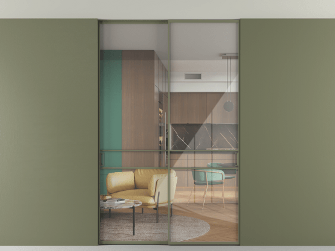 Перегородка Формато внутри проёма скрытое крепление в потолок 2 створки АЛПР 040.02 Алюминий оливковый тёмный Рефлективное прозрачное стекло "Стопсол", калёное Цена 16340 Br | Volhovec