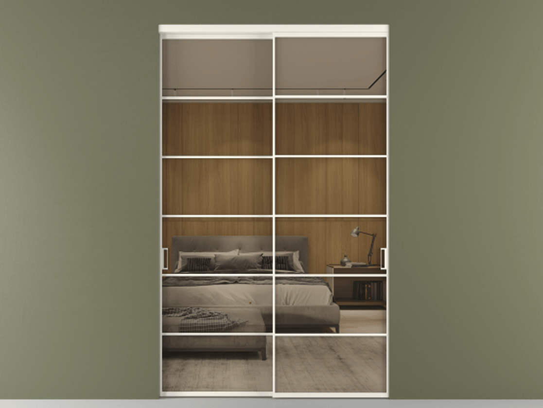 Перегородка Формато внутри проёма 2 створки АЛПР 040.04 Алюминий пудровый белый Рефлективное бронзовое стекло "Стопсол", калёное Цена 26410 Br  | Volhovec