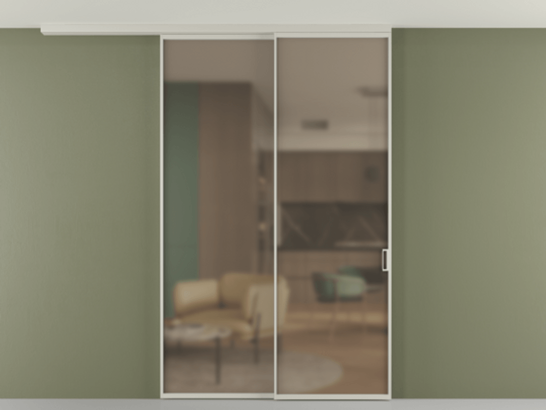 Перегородка Формато вдоль стены на потолок 2 створки с синхронным механизмом АЛПР 040.01 Алюминий тёплый серый Сатинированное бронзовое стекло, триплекс Цена 15990 Br | Volhovec