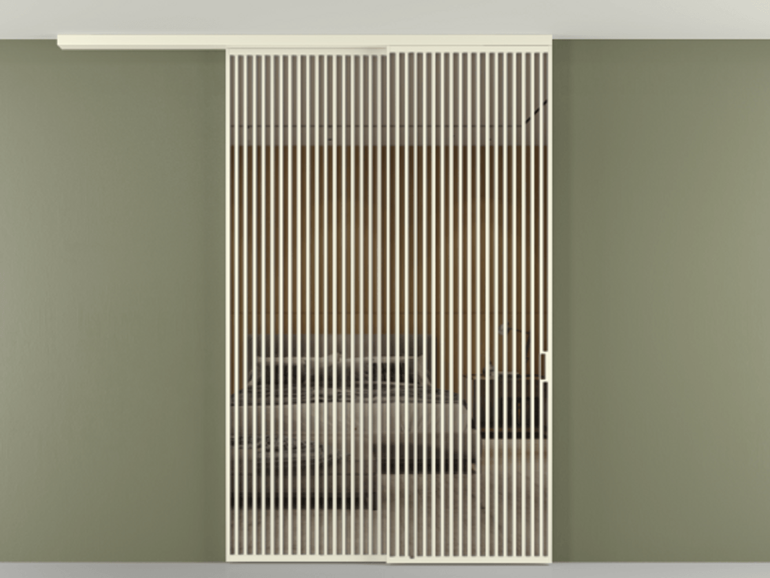 Перегородка Формато вдоль стены на потолок 2 створки с синхронным механизмом АЛПР 040.06 Алюминий молочно-белый Рефлективное бронзовое стекло "Стопсол", калёное Цена 29010 Br | Volhovec