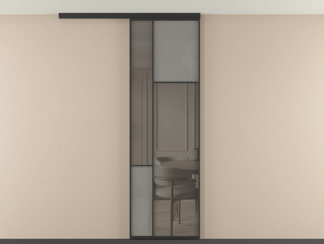 Перегородка Mosaic вдоль стены на потолок 1 створка АЛПР 041.11 Алюминий Черный Сатинированное серое стекло, триплекс, 6 мм + Прозрачное серое стекло, триплекс Цена 6930 Br | Volhovec